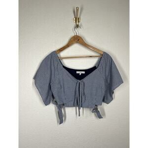 Current Air Plaid Crop Top Medium Blue White Flutter Sleeves Side Ties